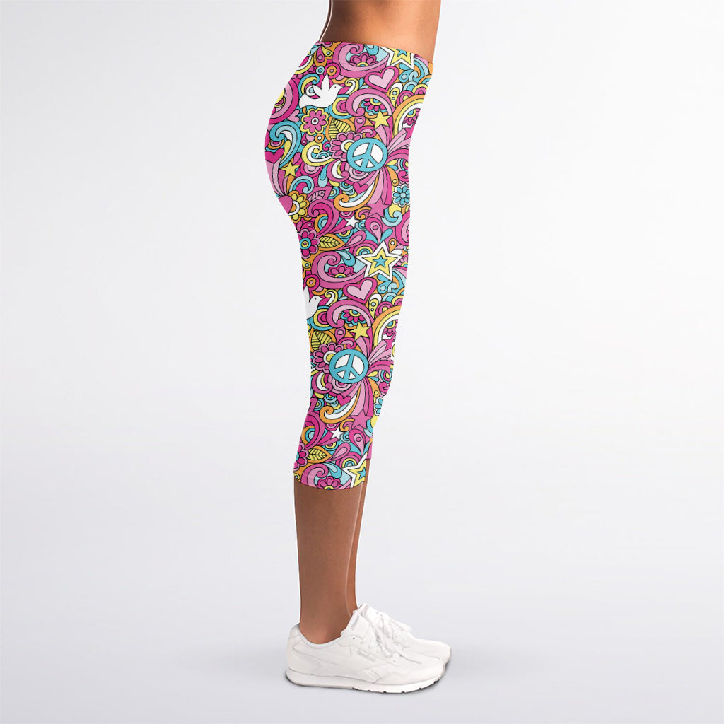 Groovy Girly Peace Pattern Print Women's Capri Leggings
