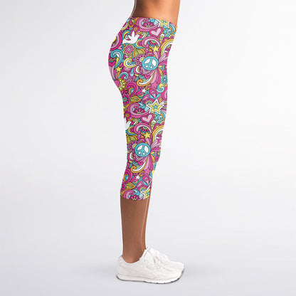 Groovy Girly Peace Pattern Print Women's Capri Leggings