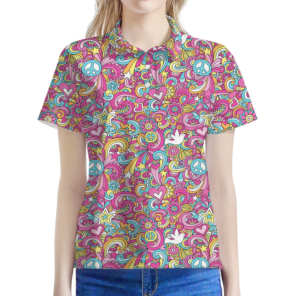 Groovy Girly Peace Pattern Print Women's Polo Shirt