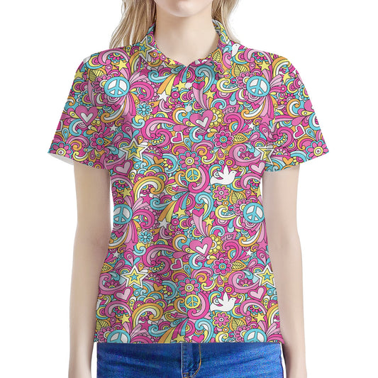 Groovy Girly Peace Pattern Print Women's Polo Shirt
