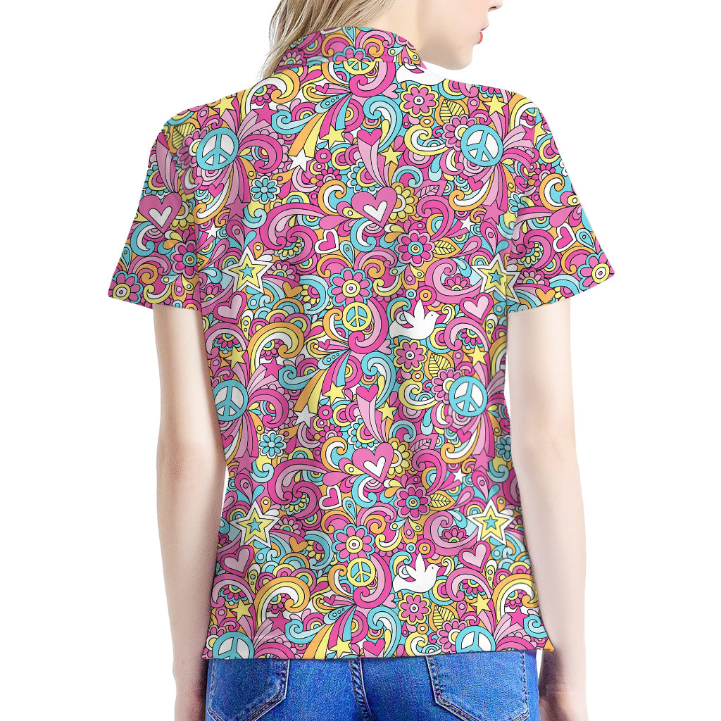 Groovy Girly Peace Pattern Print Women's Polo Shirt