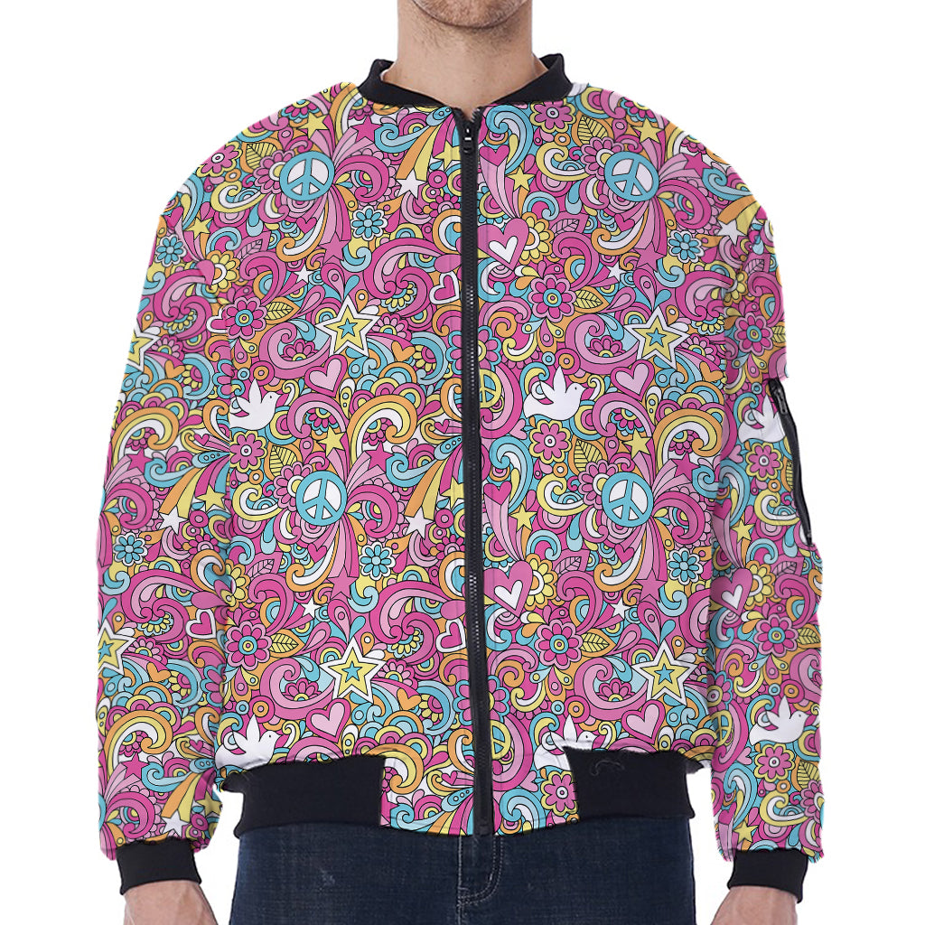 Groovy Girly Peace Pattern Print Zip Sleeve Bomber Jacket