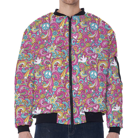 Groovy Girly Peace Pattern Print Zip Sleeve Bomber Jacket