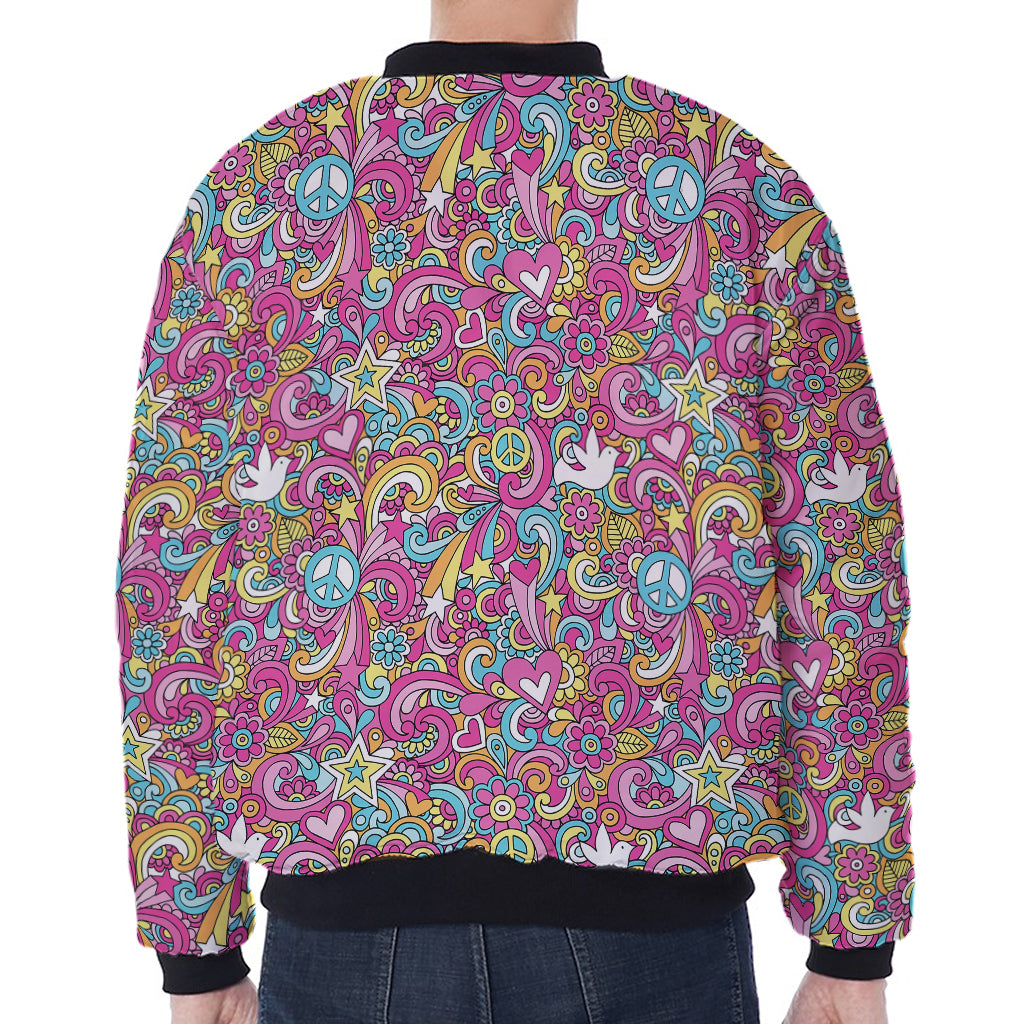 Groovy Girly Peace Pattern Print Zip Sleeve Bomber Jacket