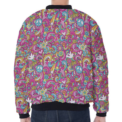 Groovy Girly Peace Pattern Print Zip Sleeve Bomber Jacket