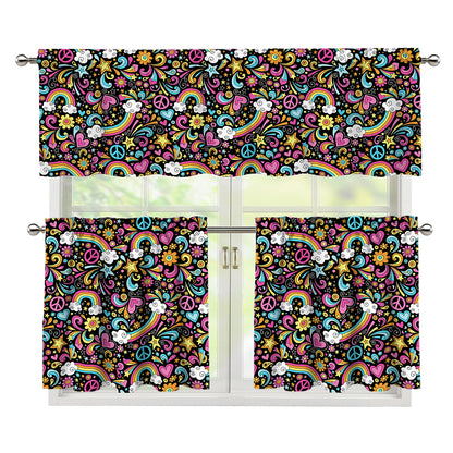 Groovy Hippie Peace Pattern Print 3 Piece Kitchen Curtains