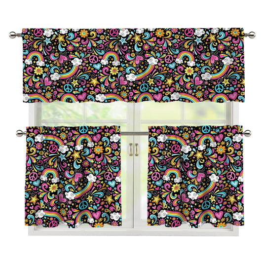 Groovy Hippie Peace Pattern Print 3 Piece Kitchen Curtains