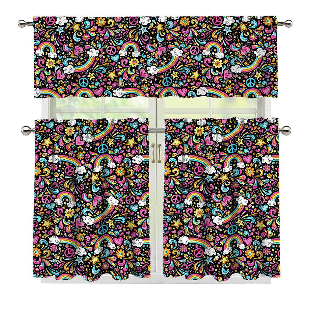 Groovy Hippie Peace Pattern Print 3 Piece Kitchen Curtains