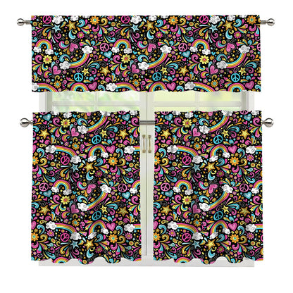Groovy Hippie Peace Pattern Print 3 Piece Kitchen Curtains