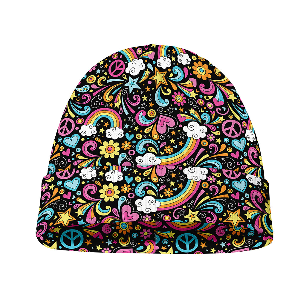 Groovy Hippie Peace Pattern Print Beanie
