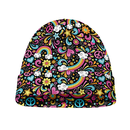 Groovy Hippie Peace Pattern Print Beanie