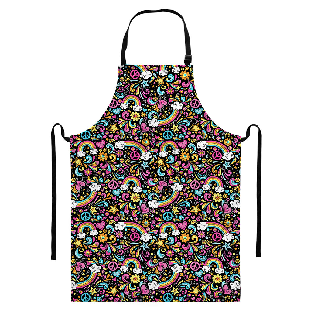 Groovy Hippie Peace Pattern Print Bib Apron With Pocket