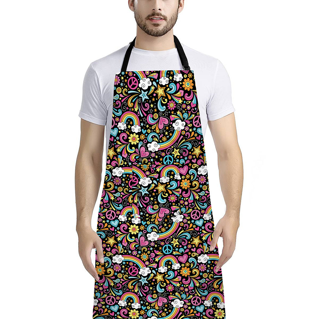 Groovy Hippie Peace Pattern Print Bib Apron With Pocket