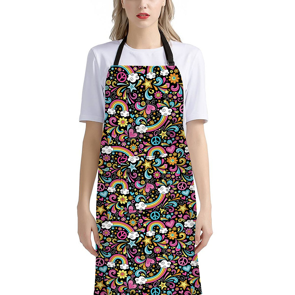 Groovy Hippie Peace Pattern Print Bib Apron With Pocket