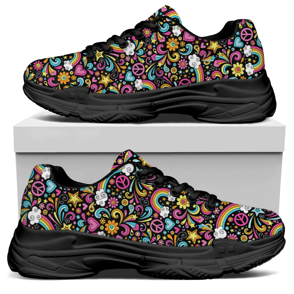 Groovy Hippie Peace Pattern Print Black Chunky Shoes