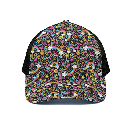 Groovy Hippie Peace Pattern Print Black Mesh Trucker Cap