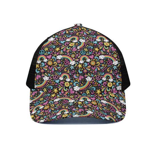 Groovy Hippie Peace Pattern Print Black Mesh Trucker Cap