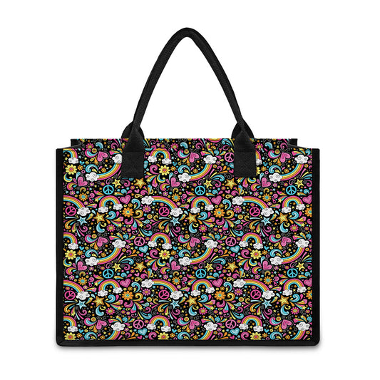Groovy Hippie Peace Pattern Print Canvas Tote Bag