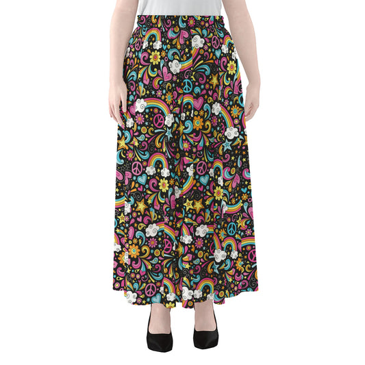 Groovy Hippie Peace Pattern Print Chiffon Maxi Skirt
