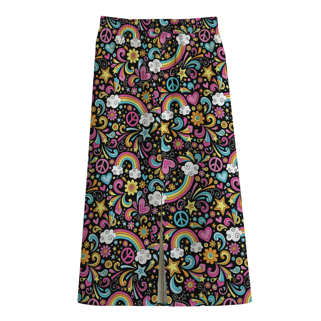 Groovy Hippie Peace Pattern Print Cotton Front Slit Maxi Skirt