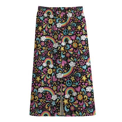 Groovy Hippie Peace Pattern Print Cotton Front Slit Maxi Skirt