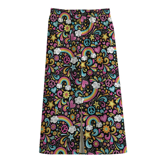 Groovy Hippie Peace Pattern Print Cotton Front Slit Maxi Skirt