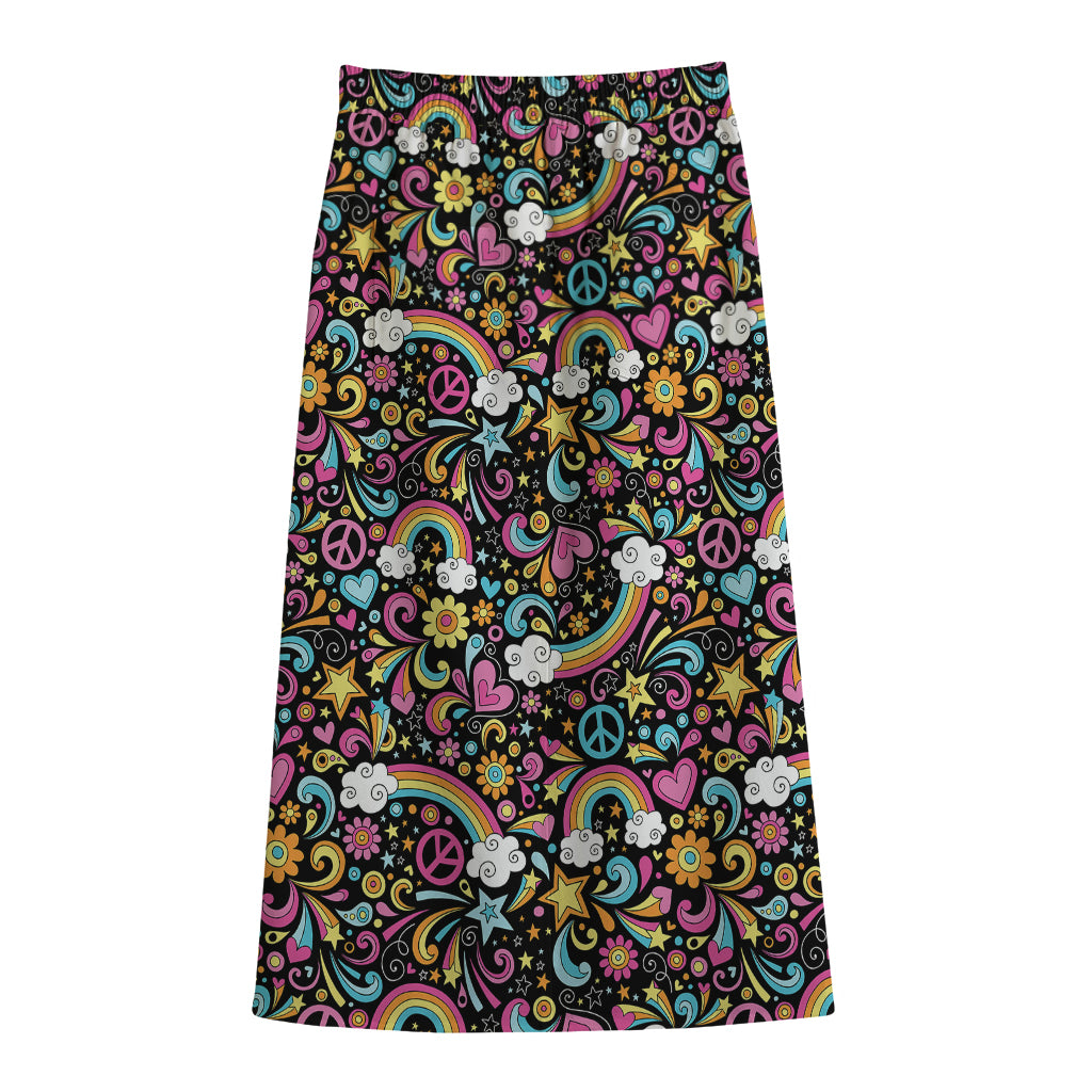 Groovy Hippie Peace Pattern Print Cotton Front Slit Maxi Skirt