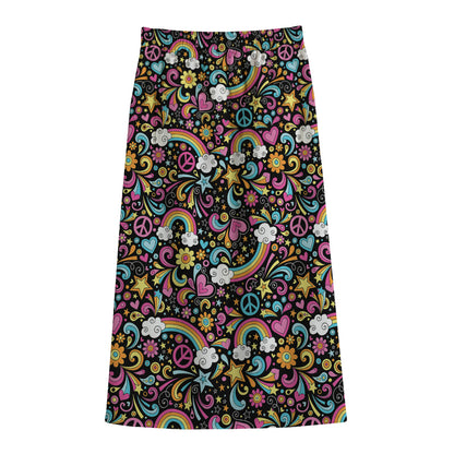 Groovy Hippie Peace Pattern Print Cotton Front Slit Maxi Skirt