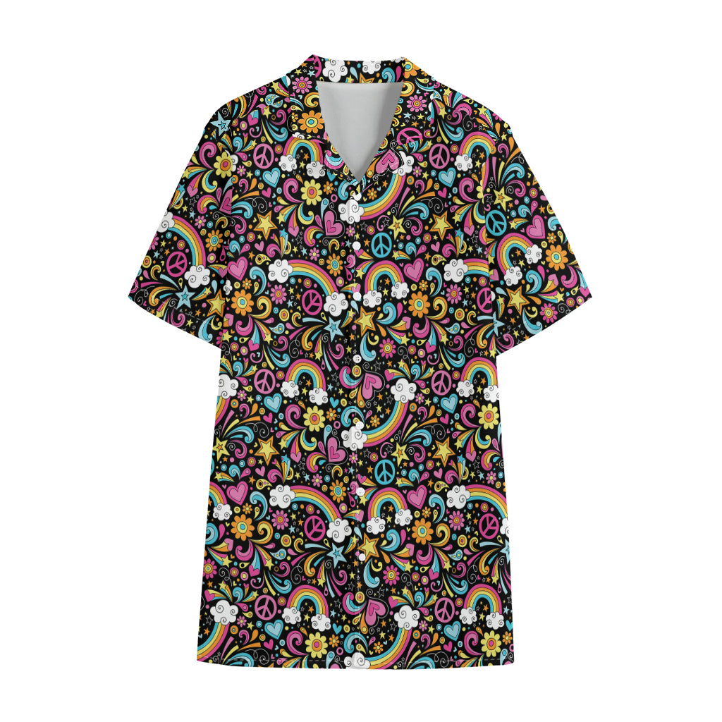 Groovy Hippie Peace Pattern Print Cotton Hawaiian Shirt