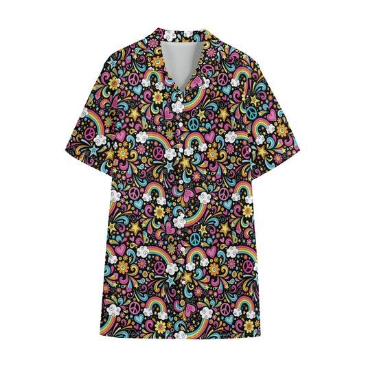 Groovy Hippie Peace Pattern Print Cotton Hawaiian Shirt