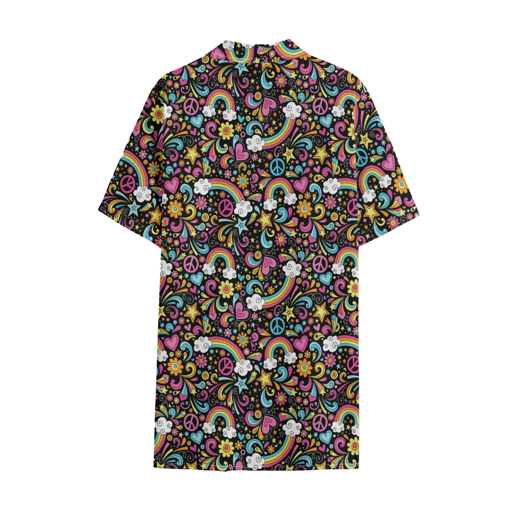 Groovy Hippie Peace Pattern Print Cotton Hawaiian Shirt