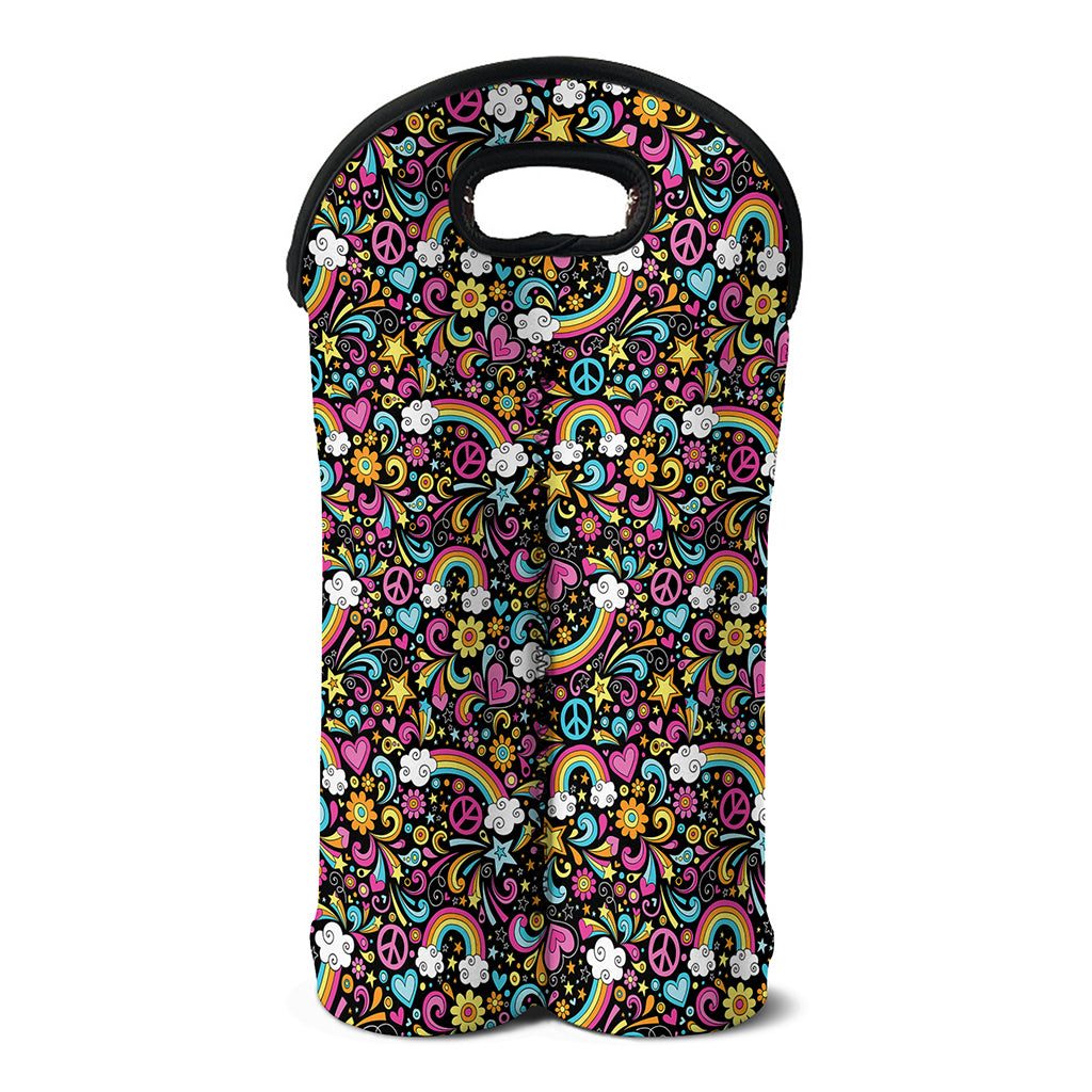Groovy Hippie Peace Pattern Print Double Neoprene Wine Tote