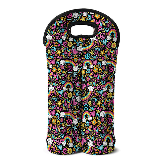 Groovy Hippie Peace Pattern Print Double Neoprene Wine Tote