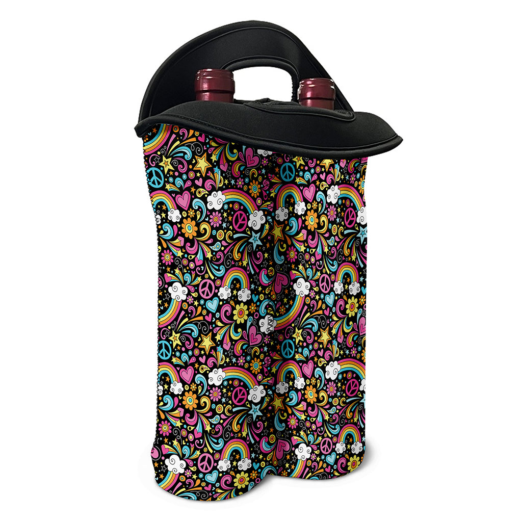 Groovy Hippie Peace Pattern Print Double Neoprene Wine Tote