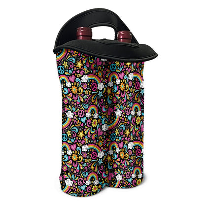Groovy Hippie Peace Pattern Print Double Neoprene Wine Tote
