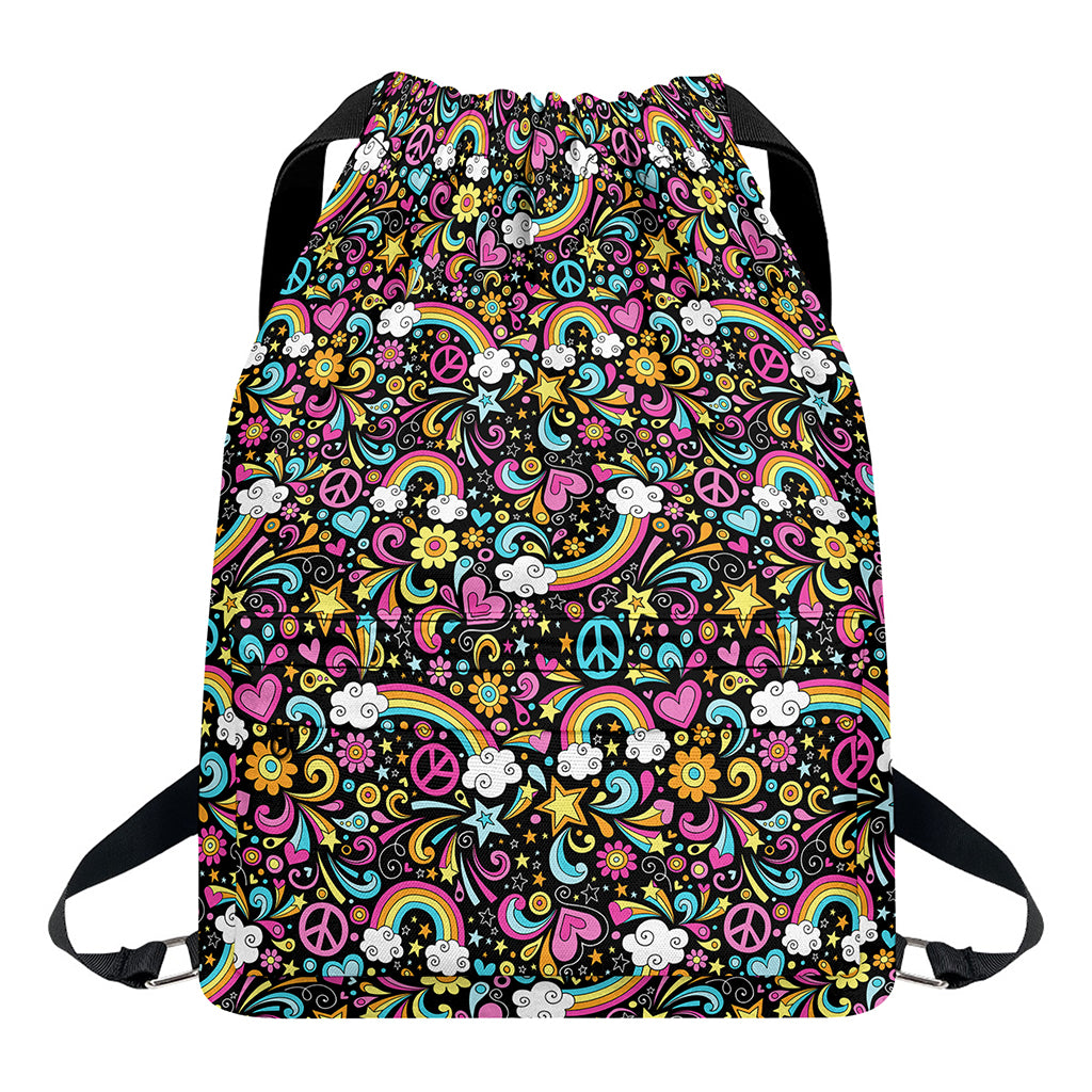 Groovy Hippie Peace Pattern Print Drawstring Backpack