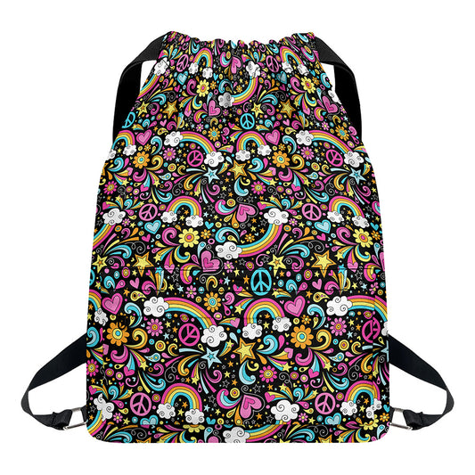 Groovy Hippie Peace Pattern Print Drawstring Backpack