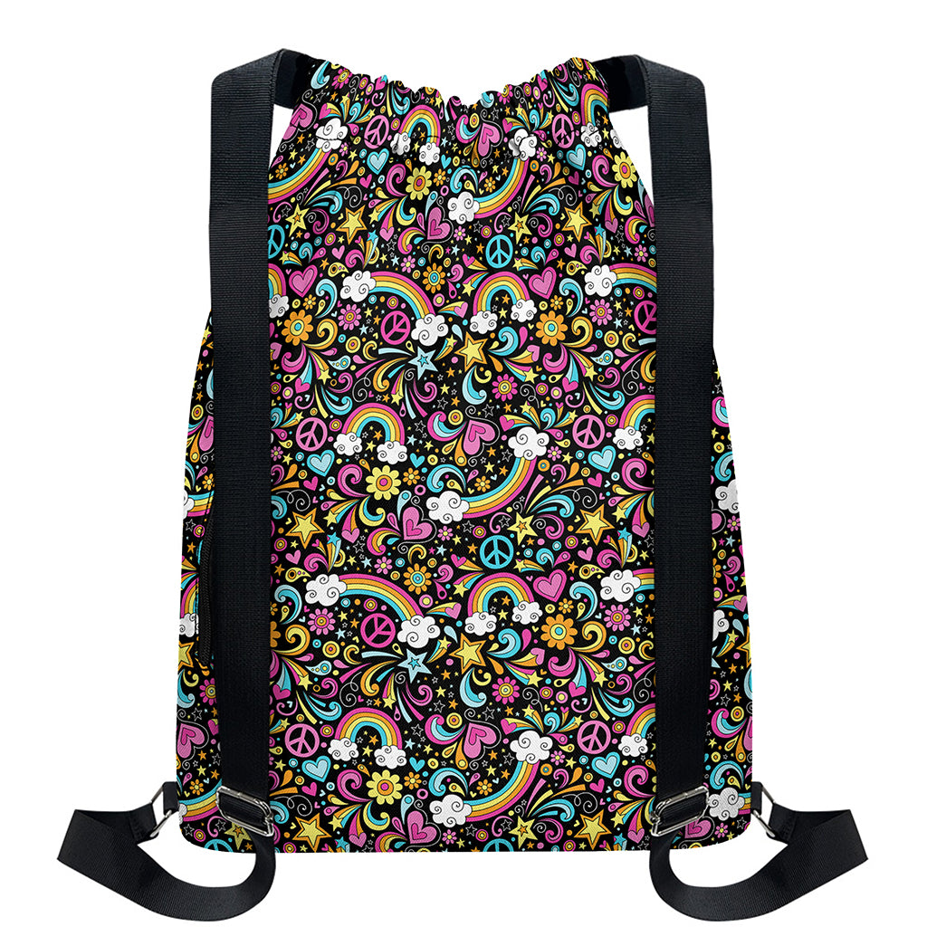 Groovy Hippie Peace Pattern Print Drawstring Backpack