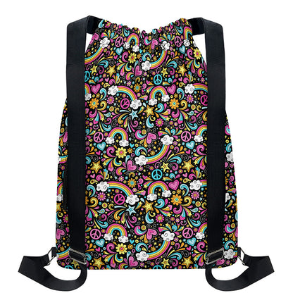 Groovy Hippie Peace Pattern Print Drawstring Backpack