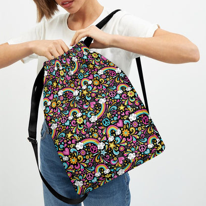Groovy Hippie Peace Pattern Print Drawstring Backpack