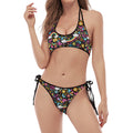 Groovy Hippie Peace Pattern Print Halter Scoop Tie Side Bikini