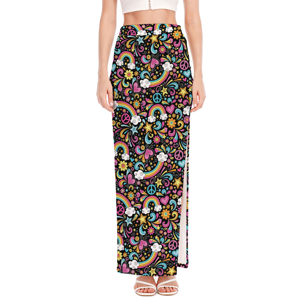 Groovy Hippie Peace Pattern Print High Slit Maxi Skirt