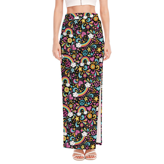 Groovy Hippie Peace Pattern Print High Slit Maxi Skirt