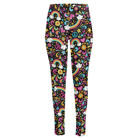 Groovy Hippie Peace Pattern Print High-Waisted Pocket Leggings