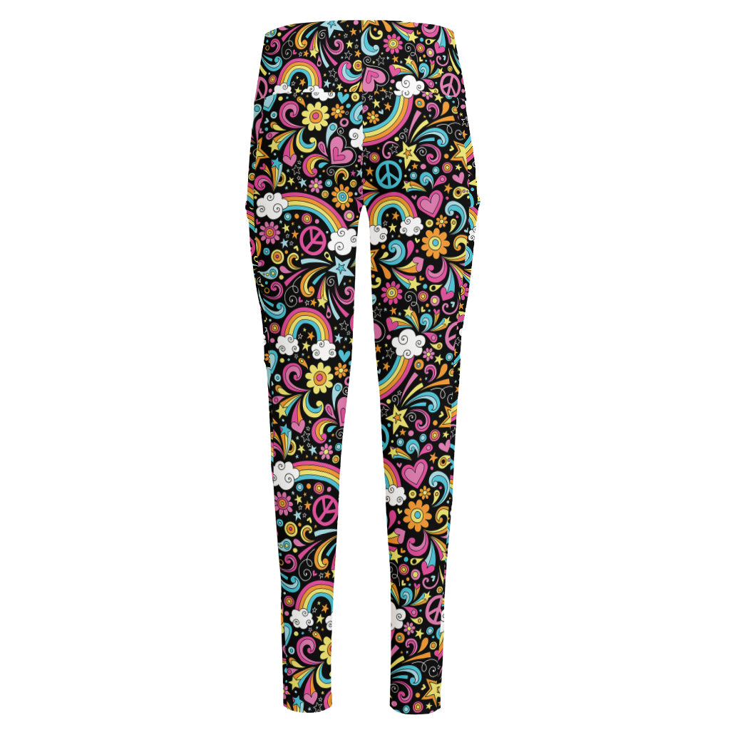 Groovy Hippie Peace Pattern Print High-Waisted Pocket Leggings