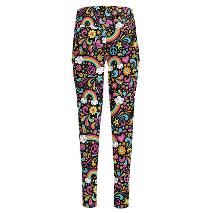 Groovy Hippie Peace Pattern Print High-Waisted Pocket Leggings