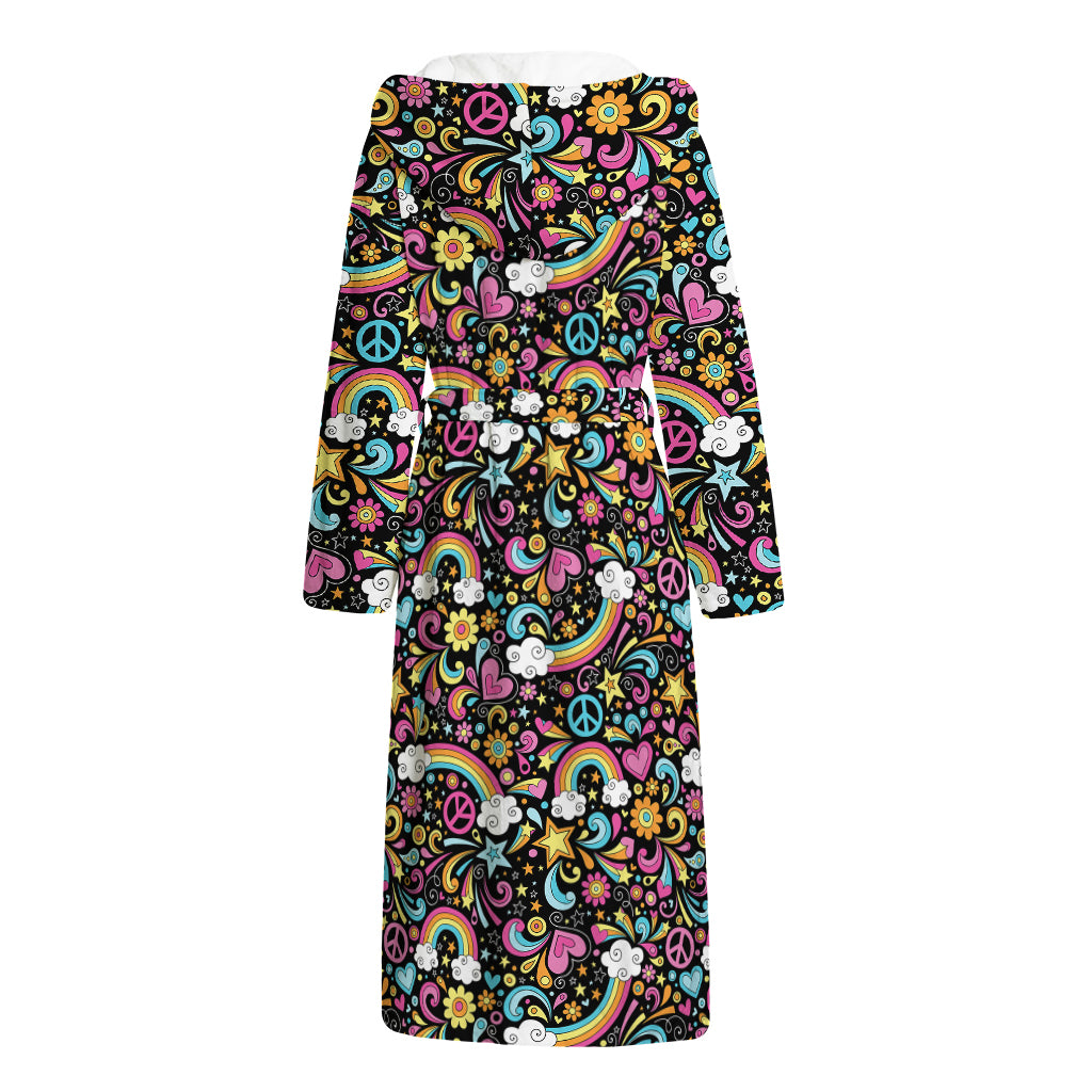 Groovy Hippie Peace Pattern Print Hooded Bathrobe