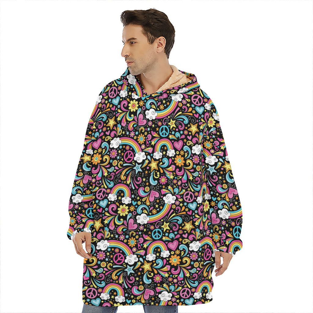 Groovy Hippie Peace Pattern Print Hoodie Blanket