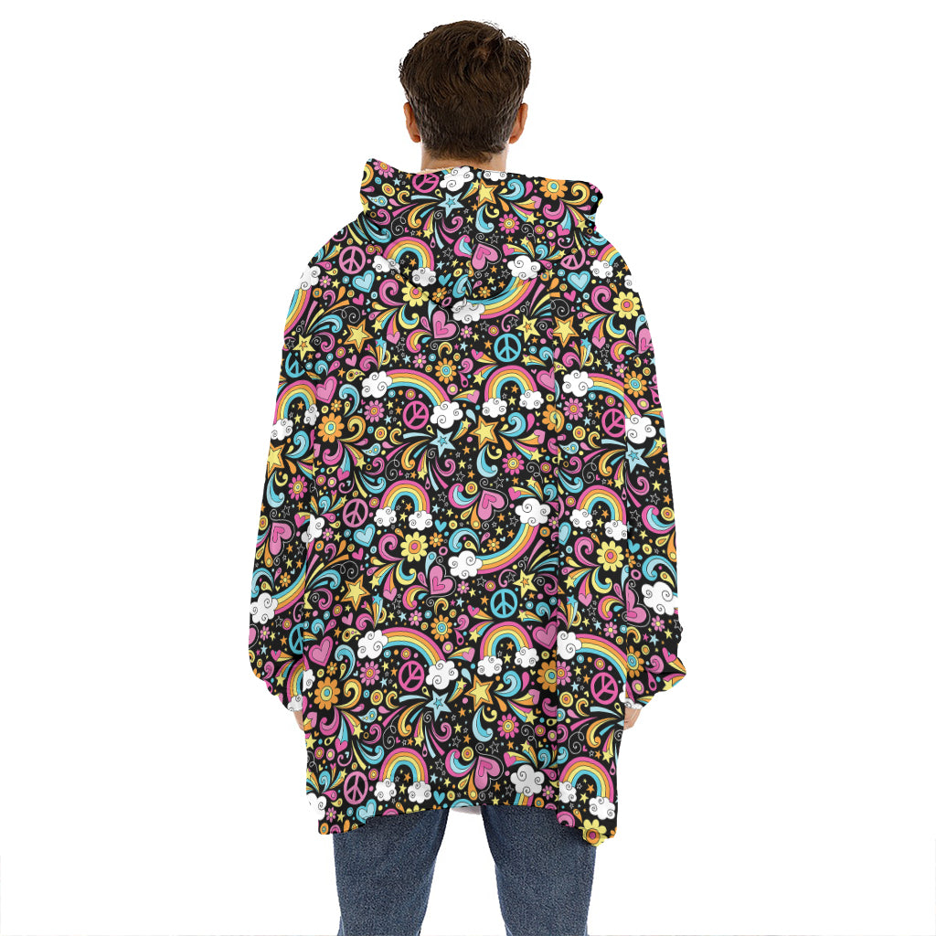 Groovy Hippie Peace Pattern Print Hoodie Blanket