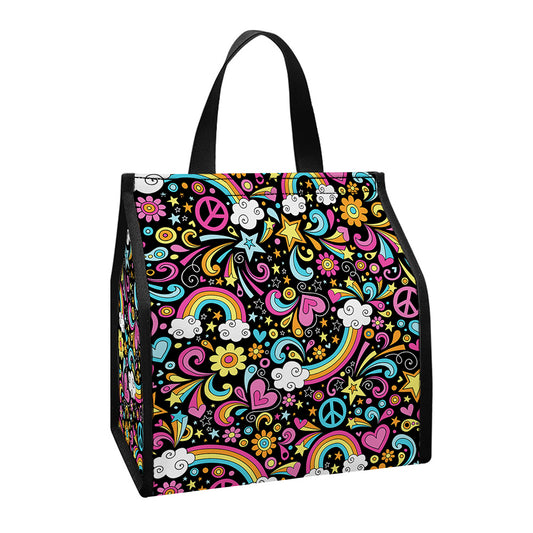 Groovy Hippie Peace Pattern Print Insulated Lunch Tote